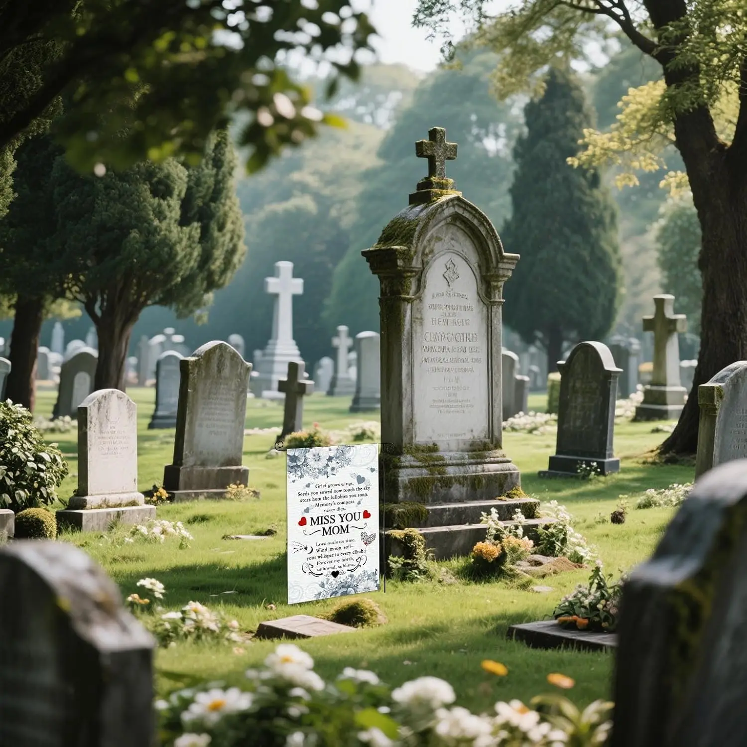 Miss You Mom Heavenly Garden Flags Funeral Remembrance Decoration Mom Funeral Memorial Garden Flags for Cemetery Happy Mothe WWP
