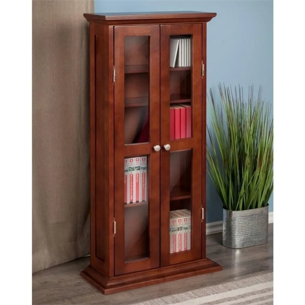 Solid Wood CD & DVD Media Storage Cabinet in Antique Walnut，Double wood trim glass doors with four adjustable shelves.