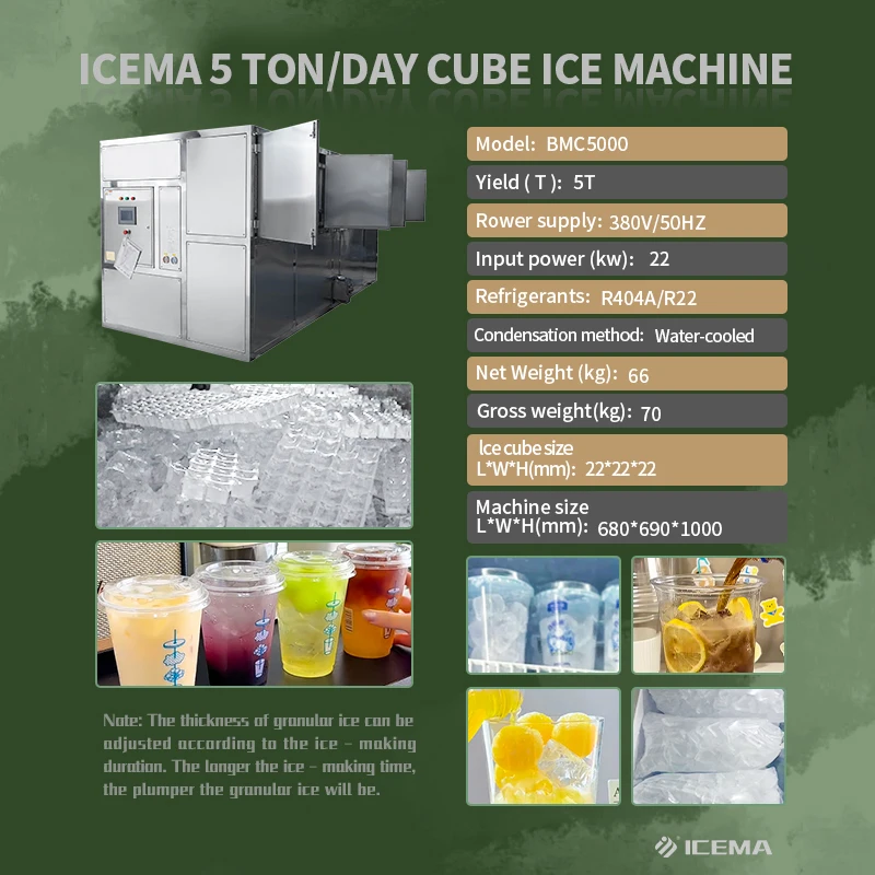 Commercial Industrial Ice Cube Maker Machine 5Ton Energy Saving 100kg Storage Include Compressor Motor Gear for Business Use view 6