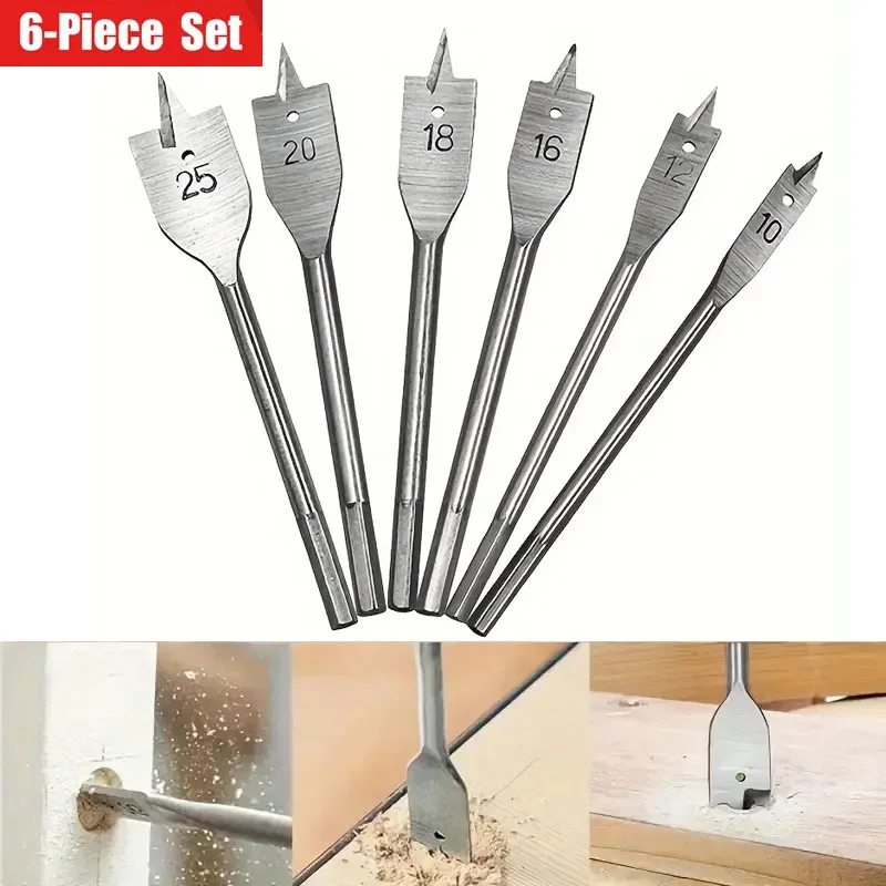 

6pcs/Set 10mm-25mm Three-pointed Carpentry Flat Drill Set Hexagonal Handle Hole Opener For DIY Enthusiasts And Woodworkers