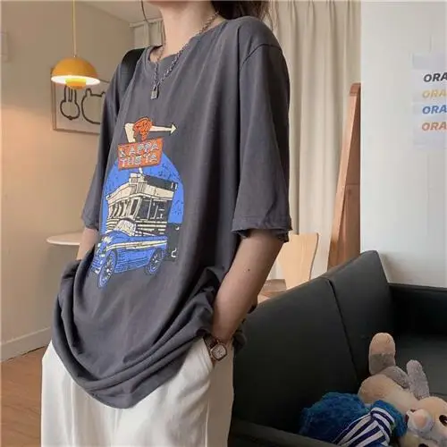 Sommer Cartoon Print Midlength ort Sve T-shirt frauen Casual runde Ne Top Polyester Faser Frühling Kollektion
