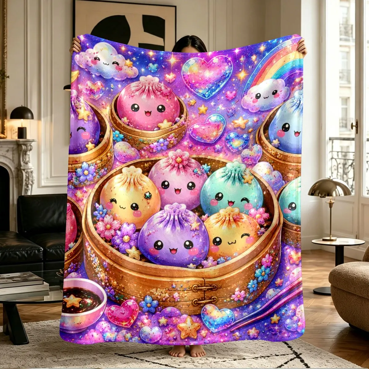 Cute Kawaii Dumpling Throw Blanket Colorful Galaxy Rainbow Steamed Bun Soft Flannel Blanket Home Sofa Bedroom Decor Gift