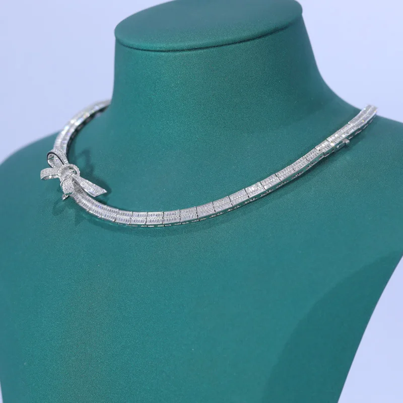 Full diamond ladder square collarbone chain women's new necklace 925 sterling silver plated 18k gold chain 40cm length