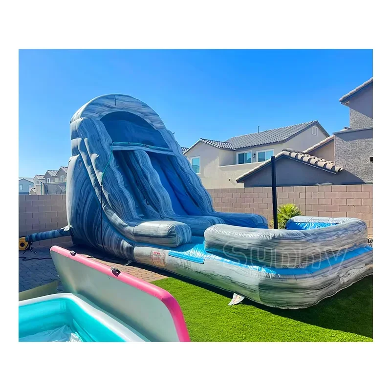 Factory  price Blue Wave Jumping Inflatable Marble Water Slide  Outdoor Inflatable water slide with swimming pool