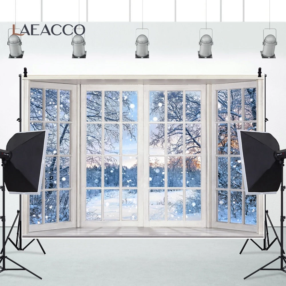 Winter Snow Forest Window Photography Background Blue Sky Falling Snowflakes Christmas Home Wall Decor Banner Portrait Backdrop