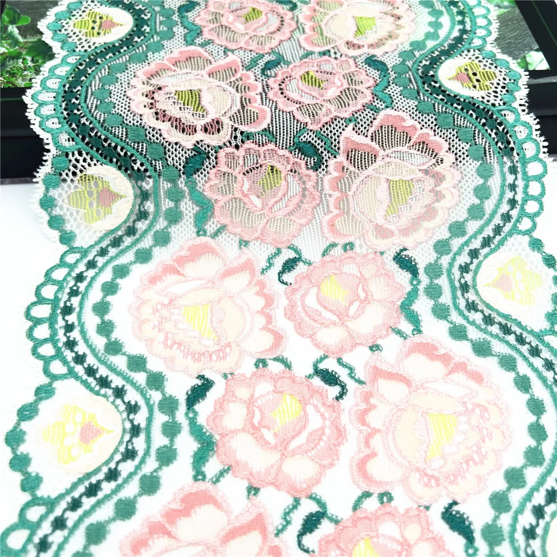 3y/lot Width 17.50cm Dark Green With Pink Elastic Lace Trim Skirt Hem Underwear Sewing Craft DIY Apparel Fabrics Lace Lingerie