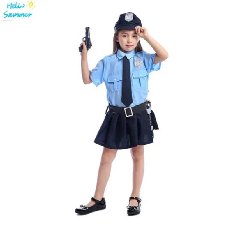 Lindo disfraz de Halloween para niñas, pequeño oficial de policía, disfraz de cosplay para niños, uniforme de policía más fresco azul, disfraz de Carnaval