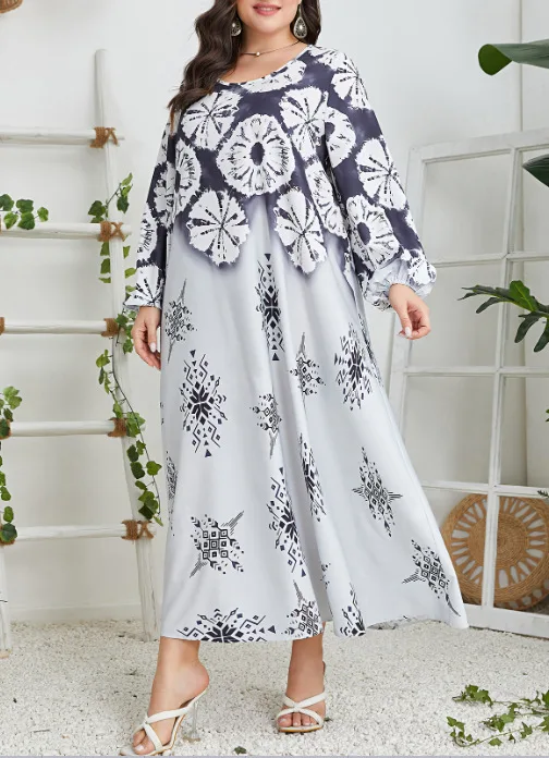 2024 New Fashion Large Print Pullover Elegant Commuting Long Dress Plus Size Casual Women's Dress