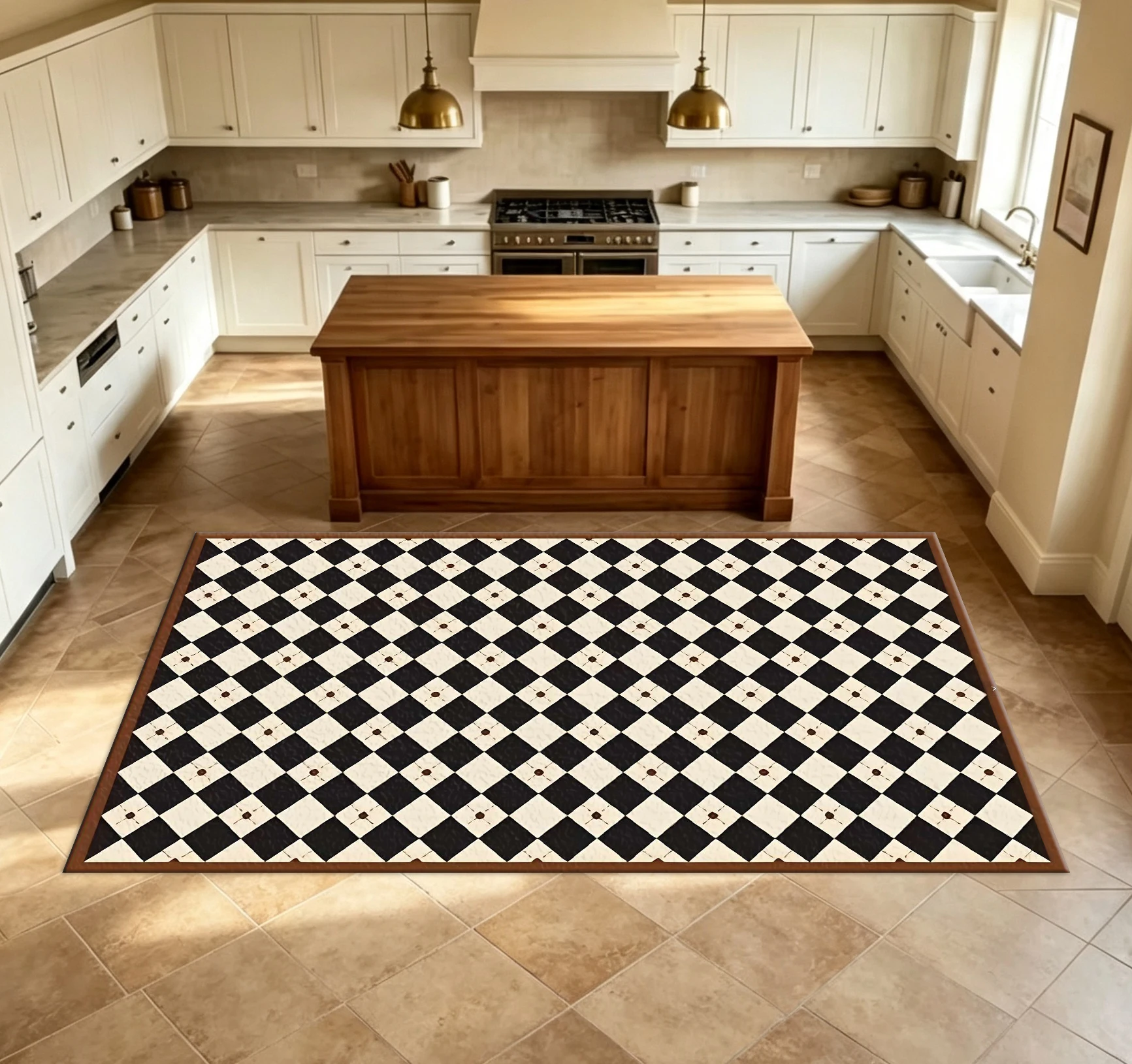 Classic Black and Beige Diamond-Shaped Harley Quinn Carpet Floor Mat with Diamond Pattern Print, Vintage Elegant Indoor Decorative Carpet
