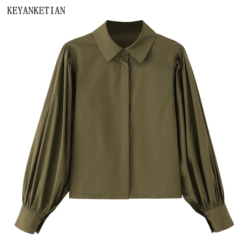 

KEYANKETIAN 2026 Spring New Women's Cotton shirt Simple style Office Lady Turn Down Collar Pleated Long Sleeve Blouses Crop Top