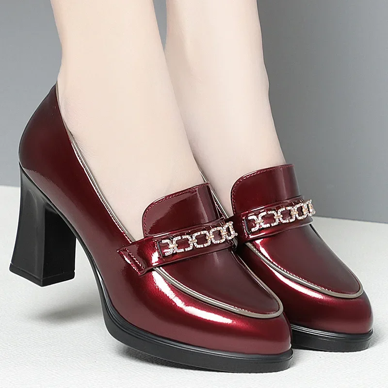 Vintage British Style Deep Mouth Patent Leather Shoes Women Pumps 2024 Spring Block High Heels Shoes Loafers Women for Office