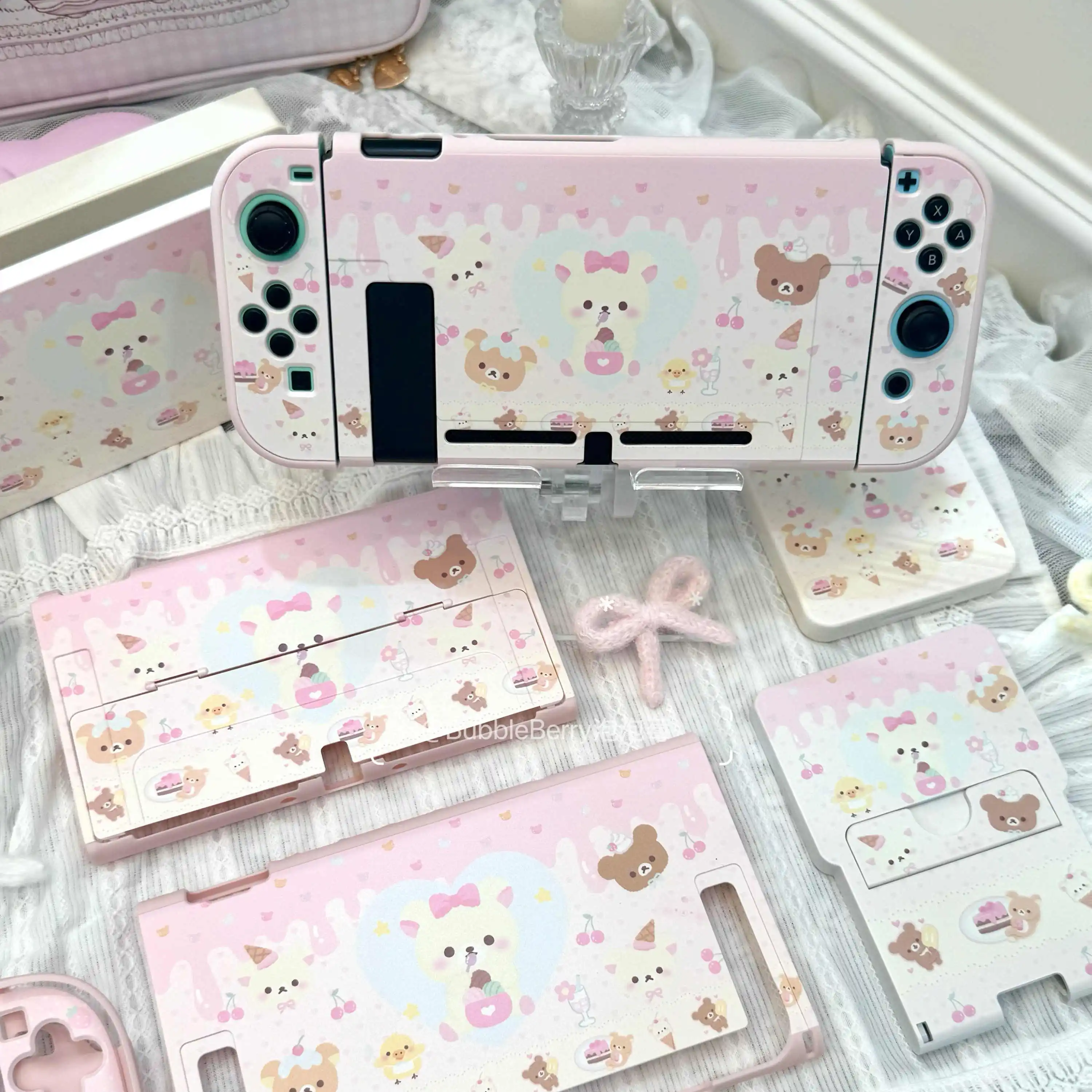 Cartoon Little Bear Split Protective Case Pink Gaming Console Shell for Nintendo Switch 2/OLED/LITE Consoles Joy-Con Dock Cover