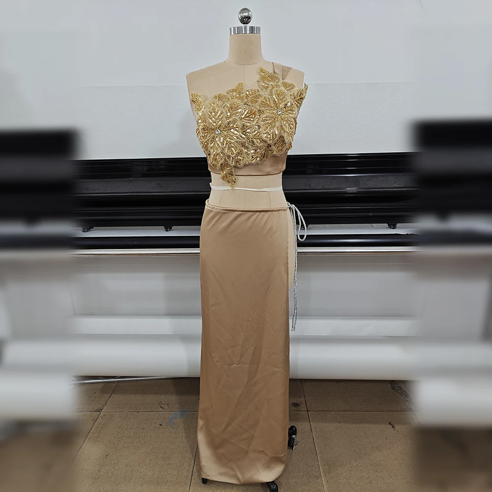 Elegant Luxurious Sequin Prom Dresses One Shoulder Two Piece Dress Sexy High Slit Evening Gowns Birthday Party Club Dinner Gown
