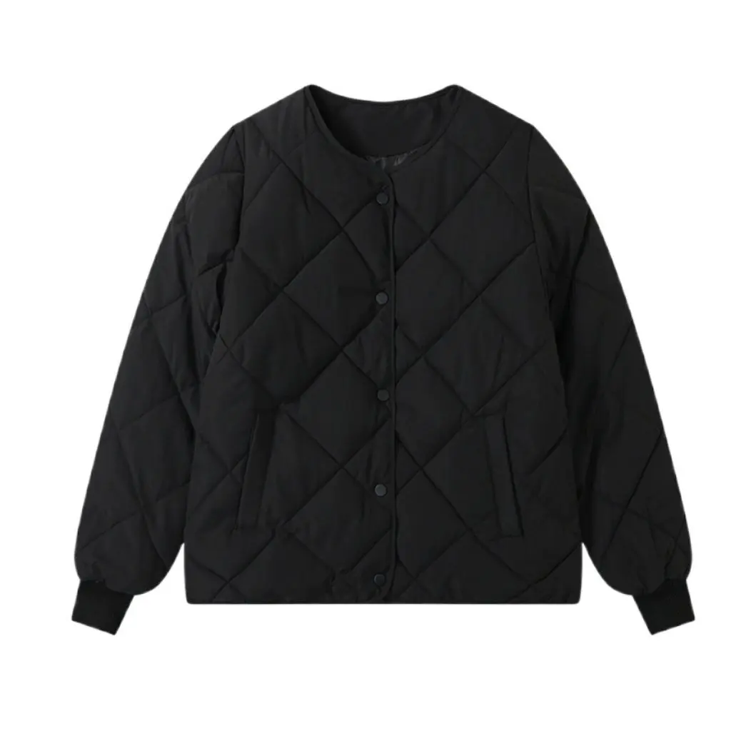 

Short Women's round Neck Cotton-Padded Jacket Korean-Style Collarless Diamond Plaid Lightweight for Autumn And Winter