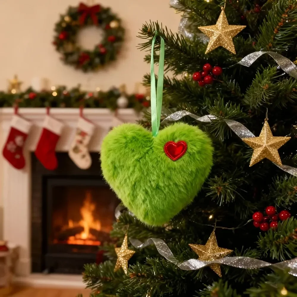 5-15 Stück Grüne Flauschige Herz-Weihnachtsornamente Rotes Herz im Grinch-Stil Herz-Christbaumkugel Weihnachtsbaum-Hängedekoration für Feiertagspartys – Detail 4