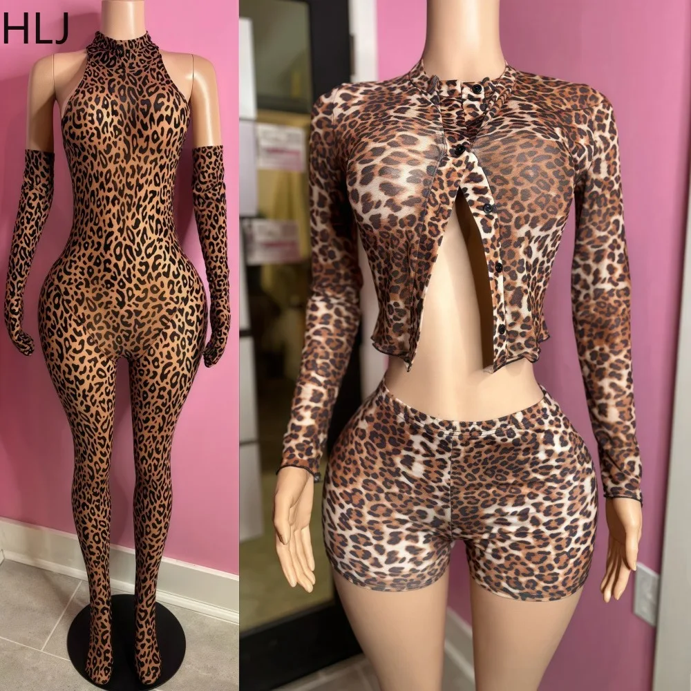 

HLJ Sexy Mesh Leopard Print Two Piece Set for Woman See Through Buttons Long Sleeve + Shorts Suits Female Streetwear Spring New