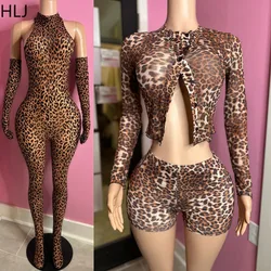 HLJ Sexy Mesh Leopard Print Two Piece Set for Woman See Through Buttons Long Sleeve + Shorts Suits Female Streetwear Spring New