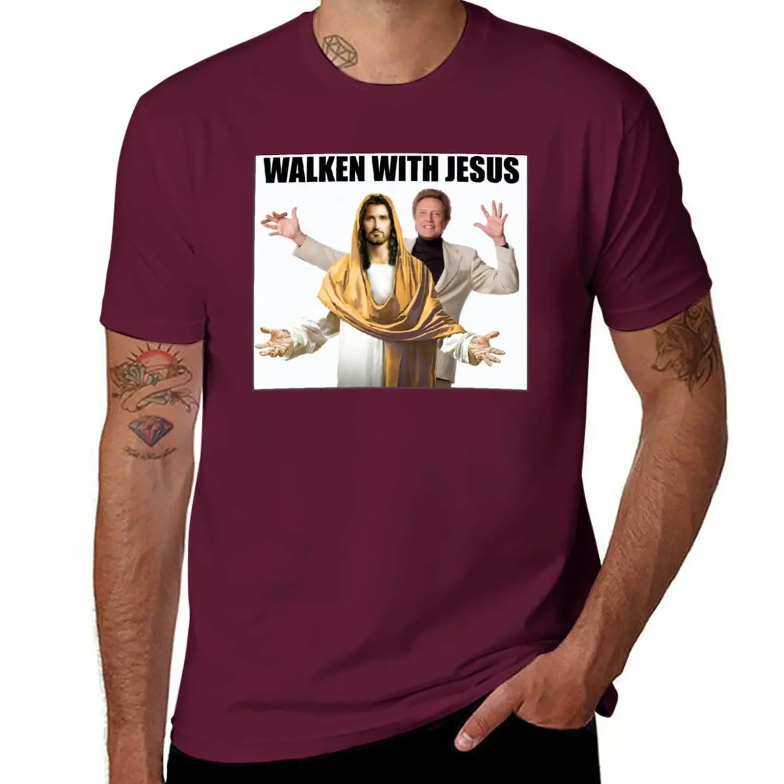 New Walken Funny Walking With Jesus Gift Ideas for Christopher Lovers T-Shirt mens designer clothes Short Sleeve Round Collar