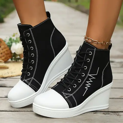 High Top Wedge Heel Sneakers for Women Fashion Mix Color Lace Up Canvas Shoes Woman Lightweight College Students Casual Sneakers