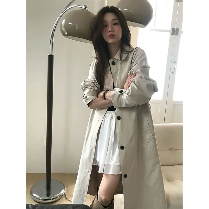 

Ele Naval Sle Long Loose Women's Windbreaker Single Button Collar Coat Commute Simple Design Long Sve Pure Color