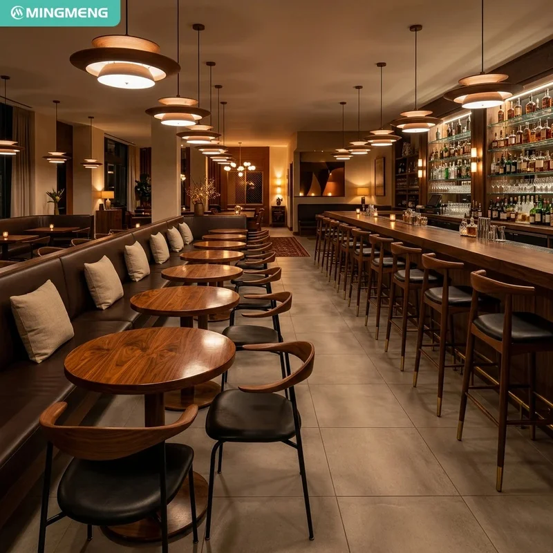 Commercial Restaurant Lounge Furniture Solid Wood Dining Table PU Booth Sofa Wooden Bar Stools for Wine Bar