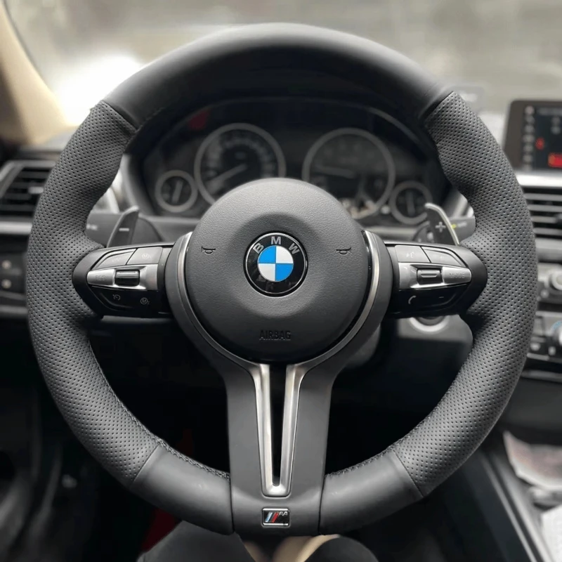

For BMW M Sport F10 F12 F30 F32 F34 F45 F22 F39 F15 F16 F25 Hand Stitched carbon fibre Genuine Leather car Steering Wheel Cover