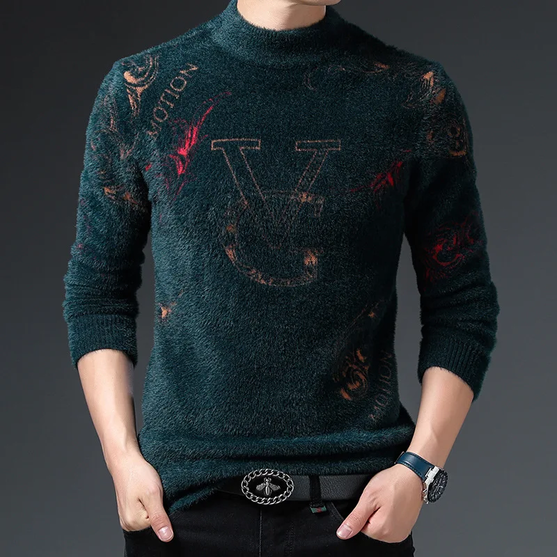 

Faux Mink Cashmere Sweater Men's Single-Layer Fleece-Lined Thickened Winter Jacquard Young and Middle-Aged Men's Fashion