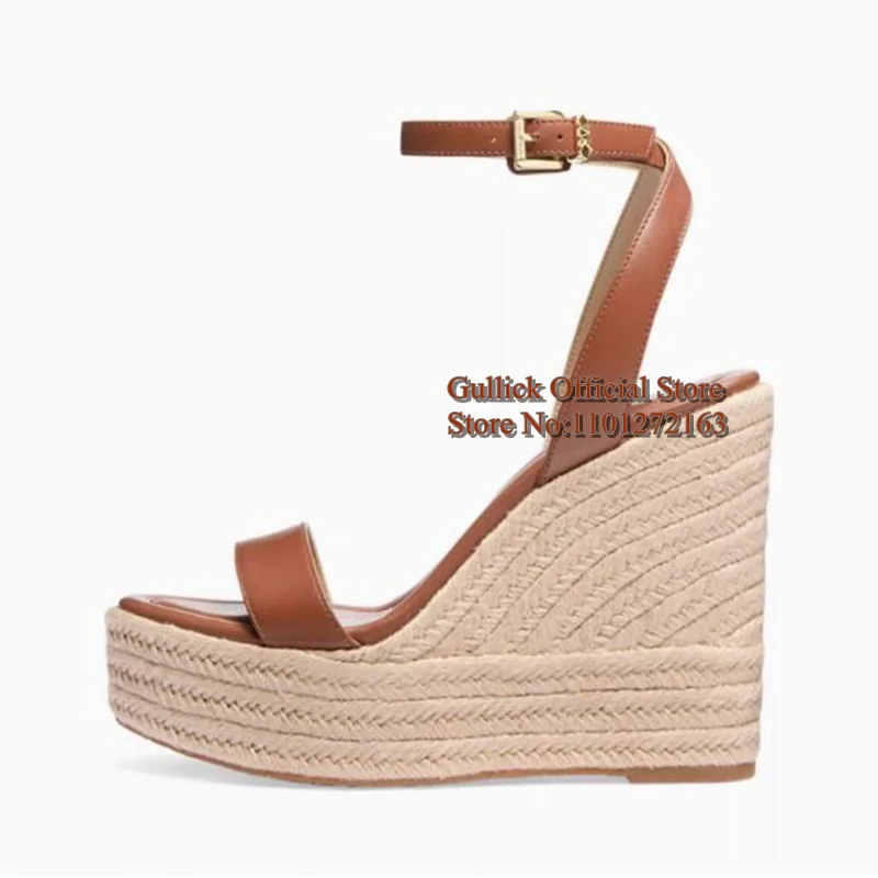 

Women Weave Braided Platform Sandals White Brown Ankle Strap Leather Open Toe Holllow Leisure Summer Footwears