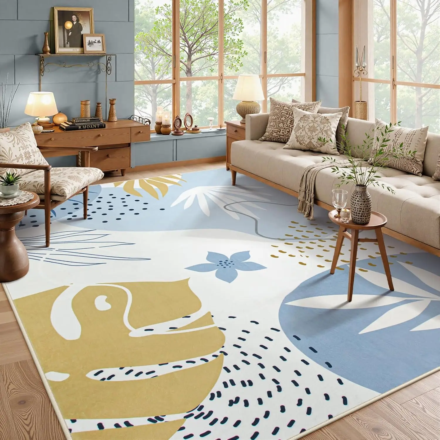 

8X10 Area Rugs For Living Room - Non-Slip Washable Ultra-Thin Soft Bedroom Rug 8X10 Under Bed, Boho Botanical Print Carpet For