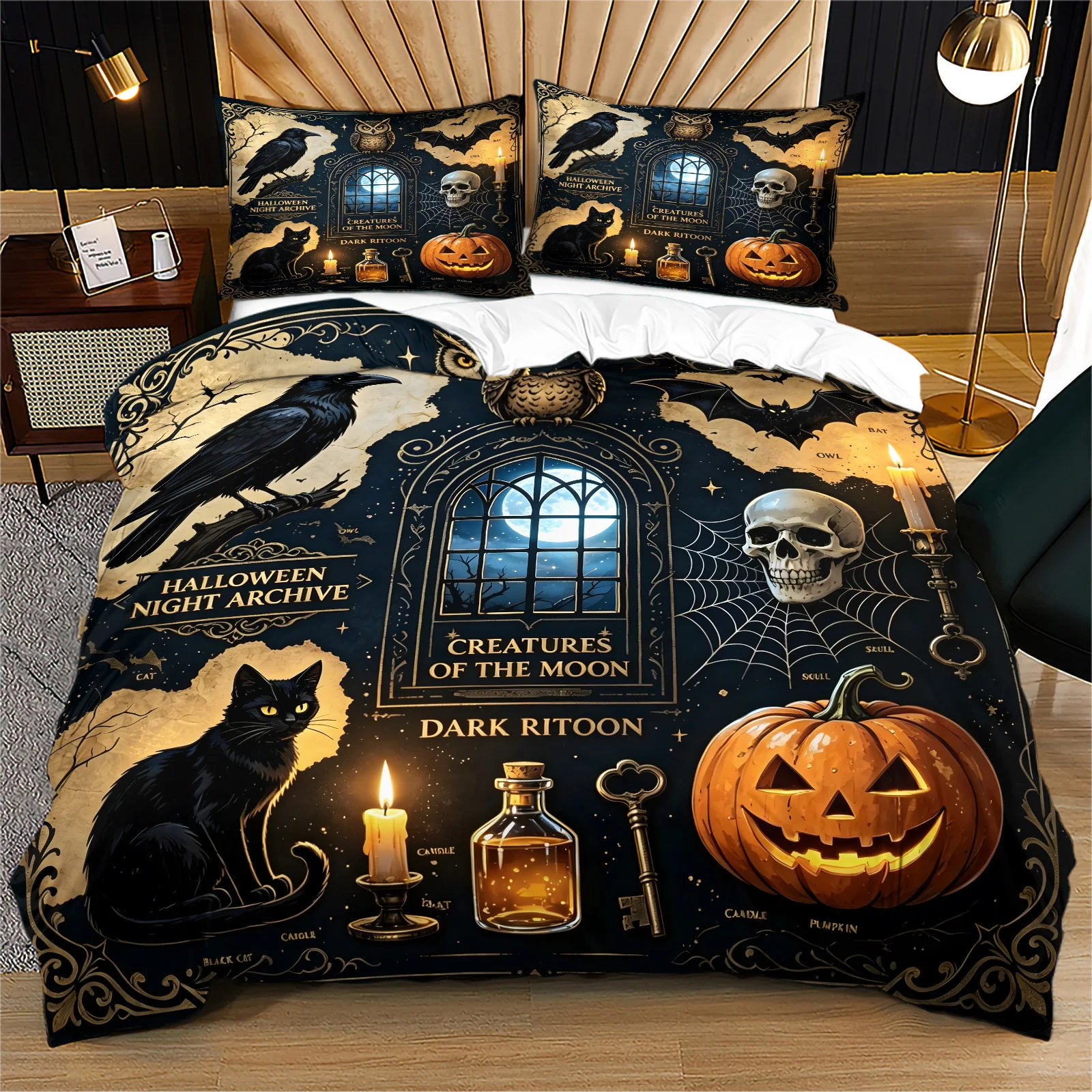 Gothic Halloween Duvet Cover Set Vintage Raven Black Cat Pumpkin Skull Bedding Set Creatures of The Moon Dark Ritual Quilt Cover