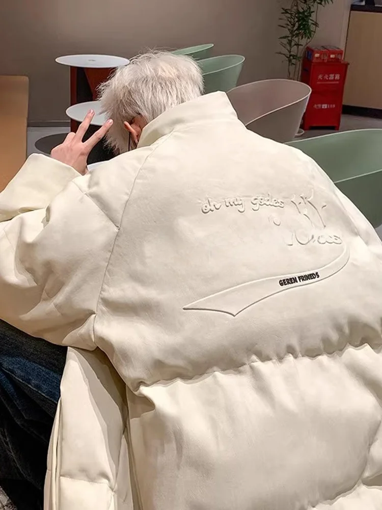 

Men's Winter Thiened Bread Sle American Retro PU Cotton Jaet Stand Collar Hip Hop Brand Trendy Casual Warm Coat