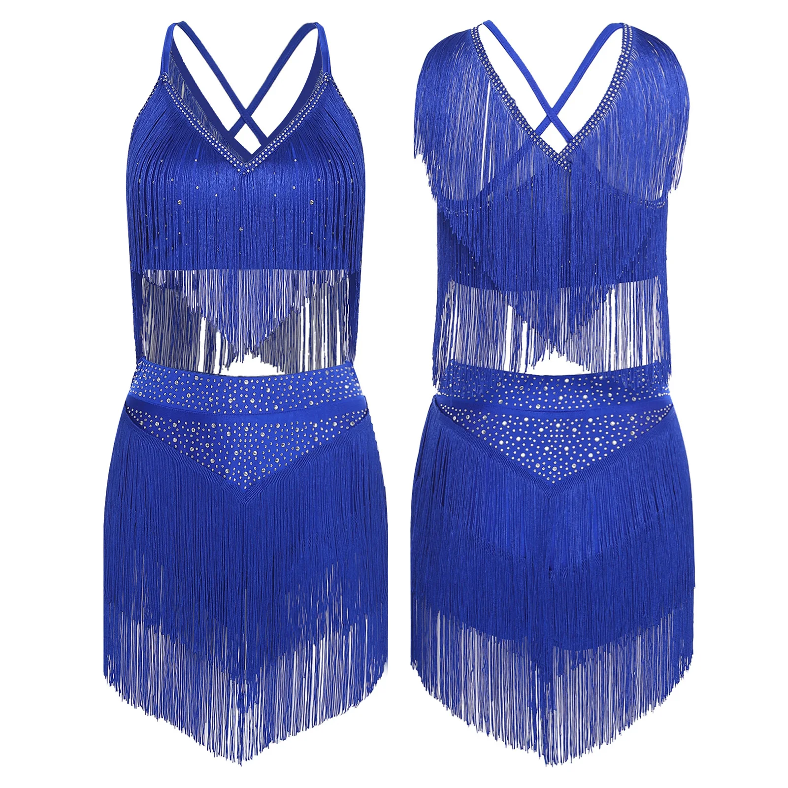 

Women's Salsa Latin Dance Performance Costume Dancewear V-Neck Sleeveless Crisscross Back Fringe Crop Top + Tiered Tassels Skirt