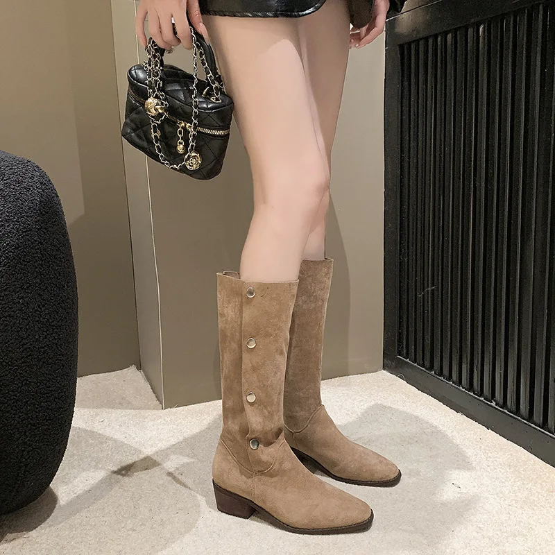 2024 neue Frau Wildleder Frühling sexy dickhackige Damen stiefel Reiten Botas Wärme rutsch feste hohe Stiefel Schuhe Schnalle Stiefel von Frauen