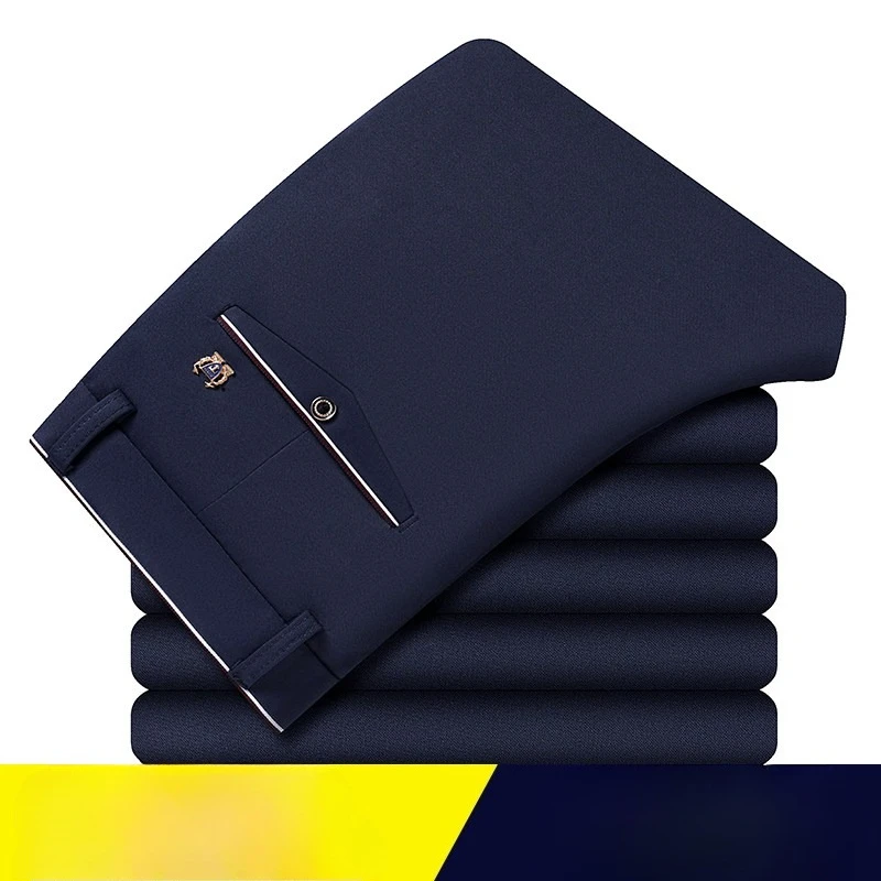 Men's Summer Formal Pants Thin Straight Stretch Casual Suit Pants with No Trace No Ironing Fabric Silky Cool Feeling Trousers