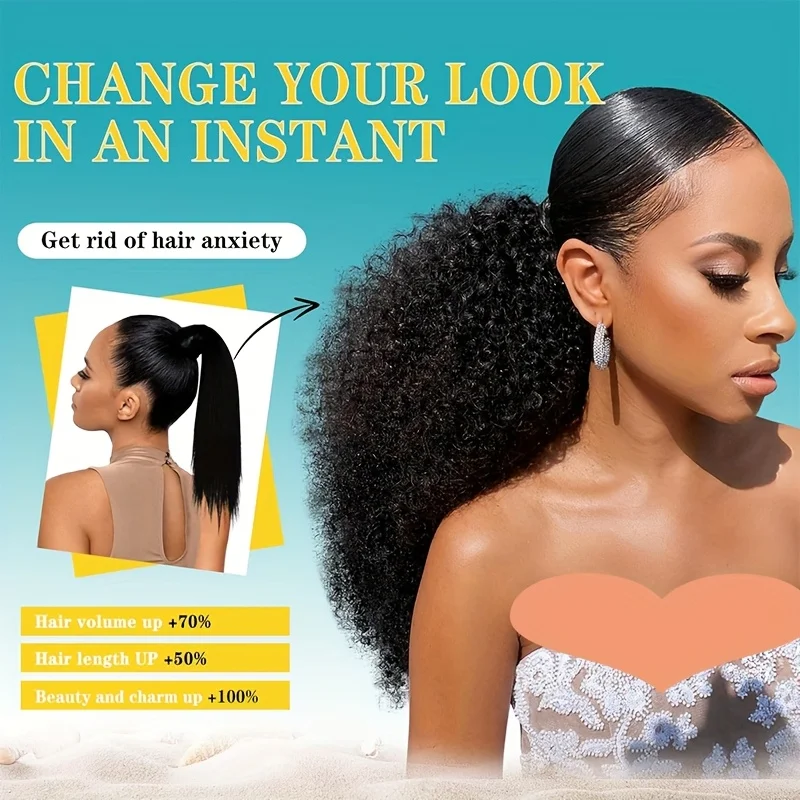 22 بوصة الرباط ذيل حصان وصلات شعر للنساء شعر مجعد عميق مقاومة للحرارة بيروكات صناعية، تجعيد الشعر الأفرو، قطع فورية