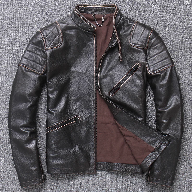 shipping.Brand fashion mens Free cowhide Jacket,genuine Leather motor biker jacket.cool man vintage brown moto coat,quality