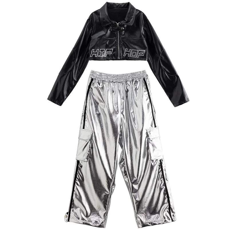 

Костюм для джазовых танцев для девочек, детская крутая одежда в стиле хип-хоп, черная куртка из искусственной кожи, укороченный топ, серебряные повседневные широкие брюки-карго
