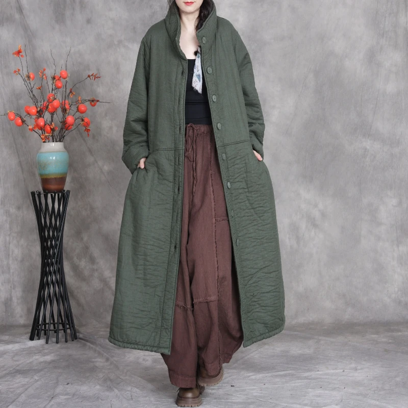 الوقوف طوق المرأة معطف طويل غير رسمي خمر نمط فضفاض القطن مبطن فضفاض دافئ الركبة طول سترة واقية معطف متوسط الطول #3