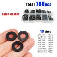 Total 700pcs M2 M2.5 M3 M4 M5 M6 M8 White Black Plastic Nylon Flat Washer Plain Insulation Gasket Ring Assortment Kit Set Box