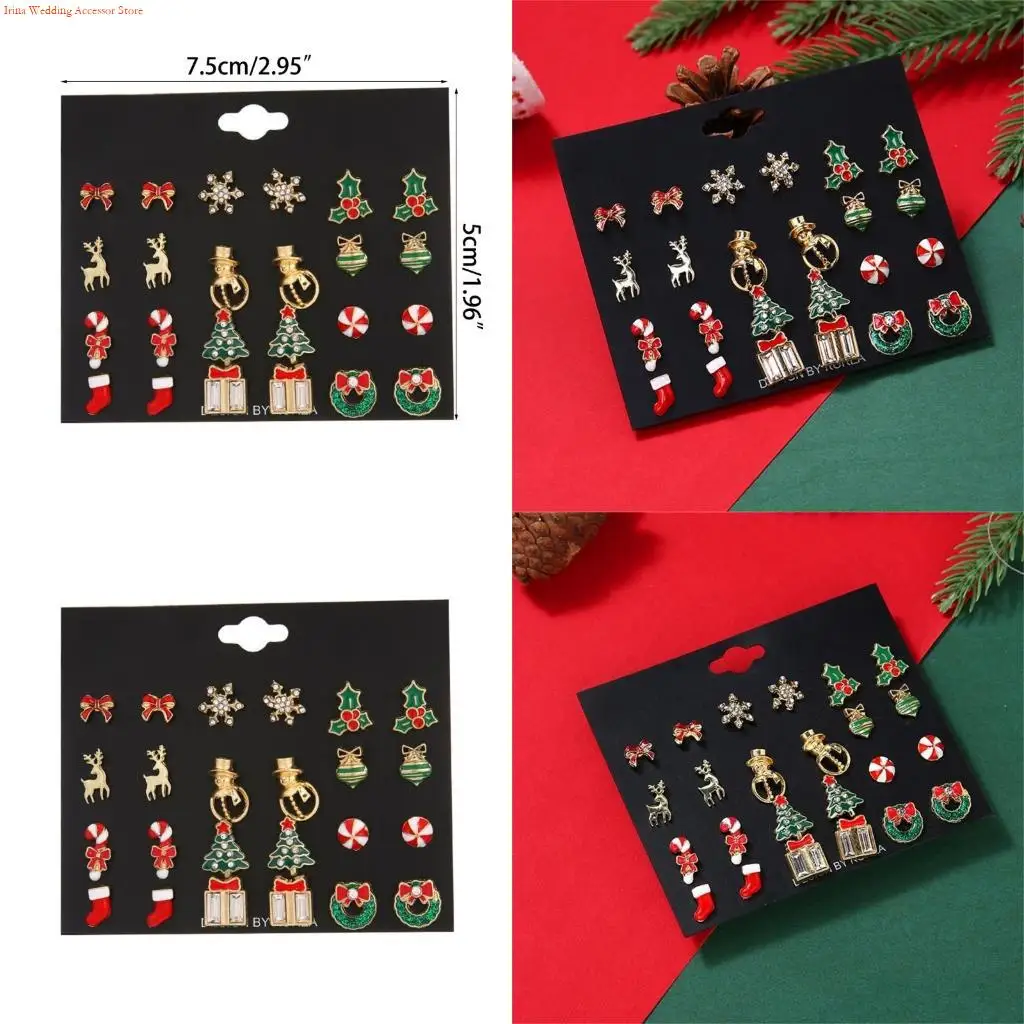 G92D 12 Pairs of Xmas Crutch Bow Earrings Christmas Gift Tiny Snowflake Earring