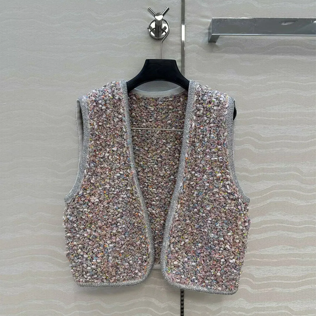 

High Quality New Autumn Colorful Yarn Woven Tweed Tank Jacket Women V-neck O-pen Stitch Silver Wire Edging Sleeveless Sweet Vest