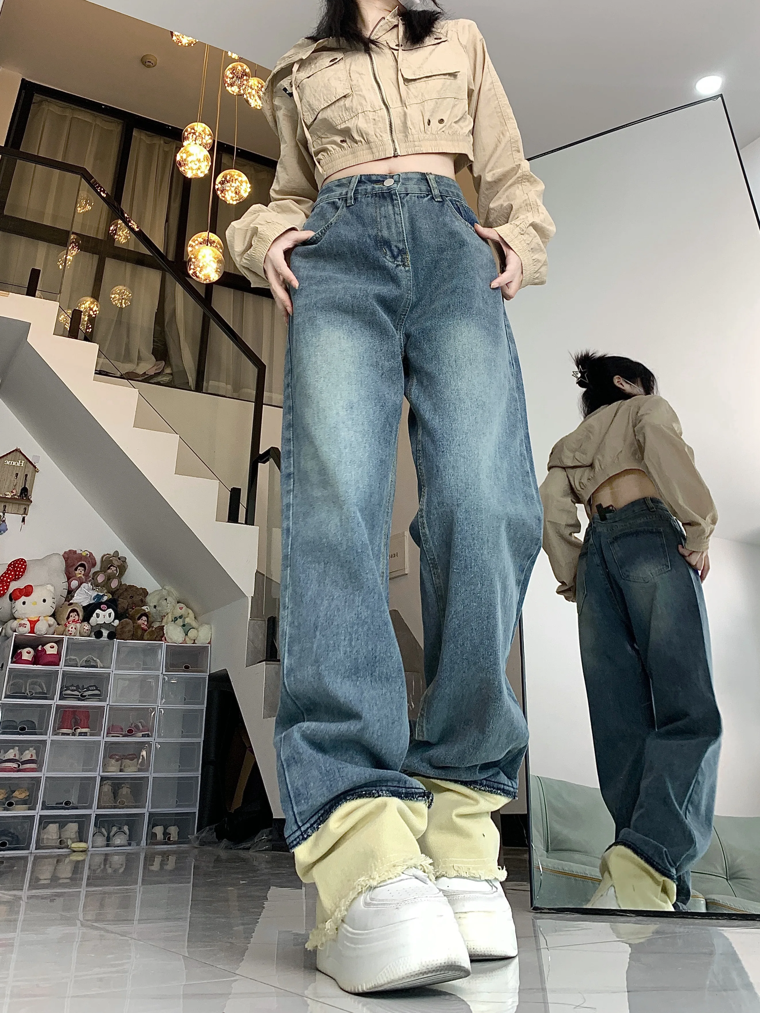 WCFCX STUDIO Women's High Waist Wide Leg Jeans Vintage Straight Leg Pants Fashionable Floor Mopping Jeans