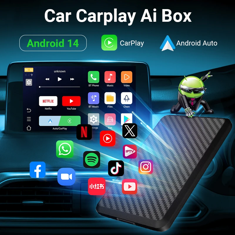 Android14 New wireless CarPlay&Android Auto 3in1quad core 4+64GB smart box built-in Youtube/Xiaohongshu and other applications