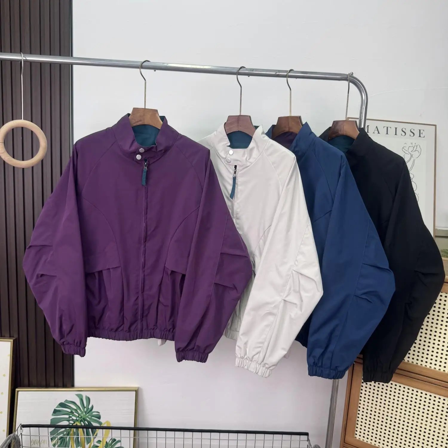 

Unisex Vintage Color Block Stand Collar Harrington Jacket Outdoor Loose Fit Zipper Closure Polyester Fiber Autumn Season