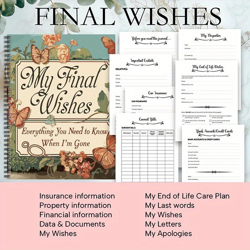 End Of Life Planning Notebook For Preparing Final Arrangements, Beneficiary Information, Funeral Planning, Last Wishes
