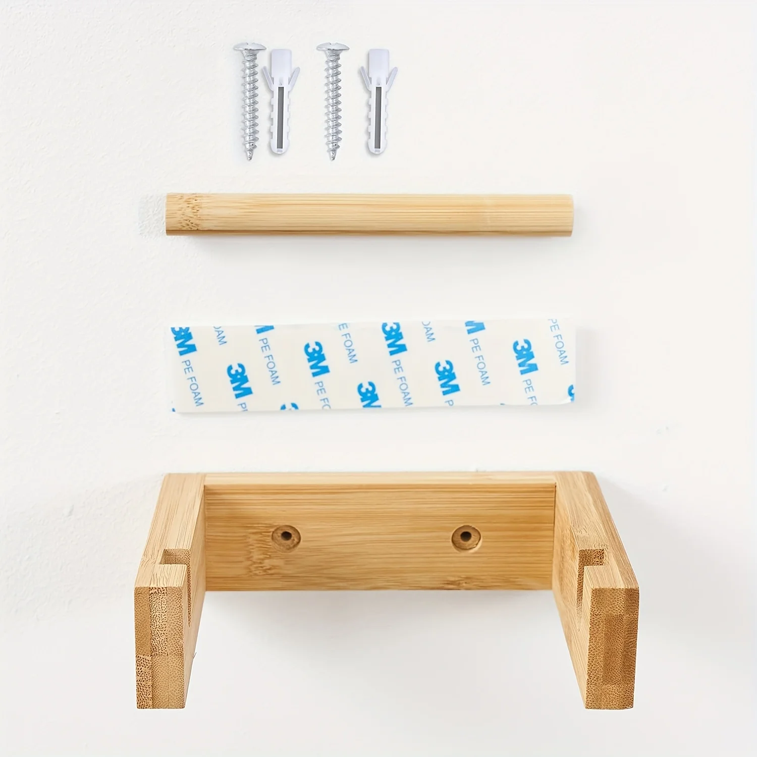 Bamboe wandgemonteerde toiletrolhouder, houten toiletrolhouder, zelfklevende badkamerweefselhouder, houten toiletrolhouder