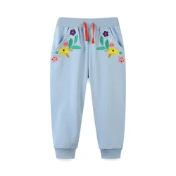 Jumping Meters 2-7T Girls Sweatpants Floral Embroidery Autumn Spring Drawstring Baby Trousers Toddler Full Length Pants Kids