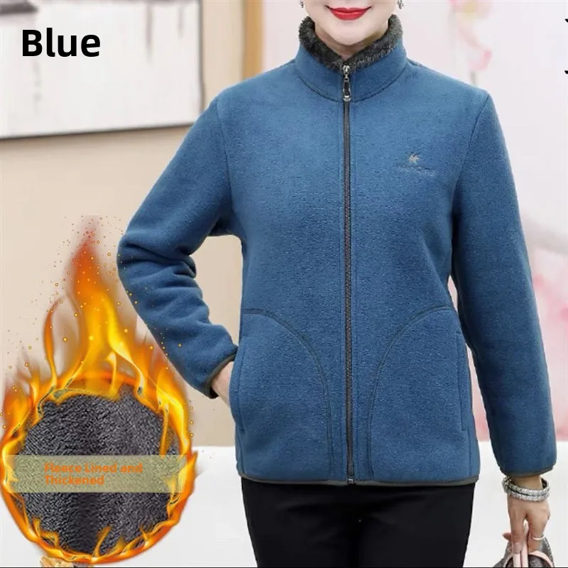 

Mom's Autumn Winter Fce Jaet Loose Fit Stand Collar Warm Lined Sweatirt for Middle-Aged Women Thiened Long Sve Zi...