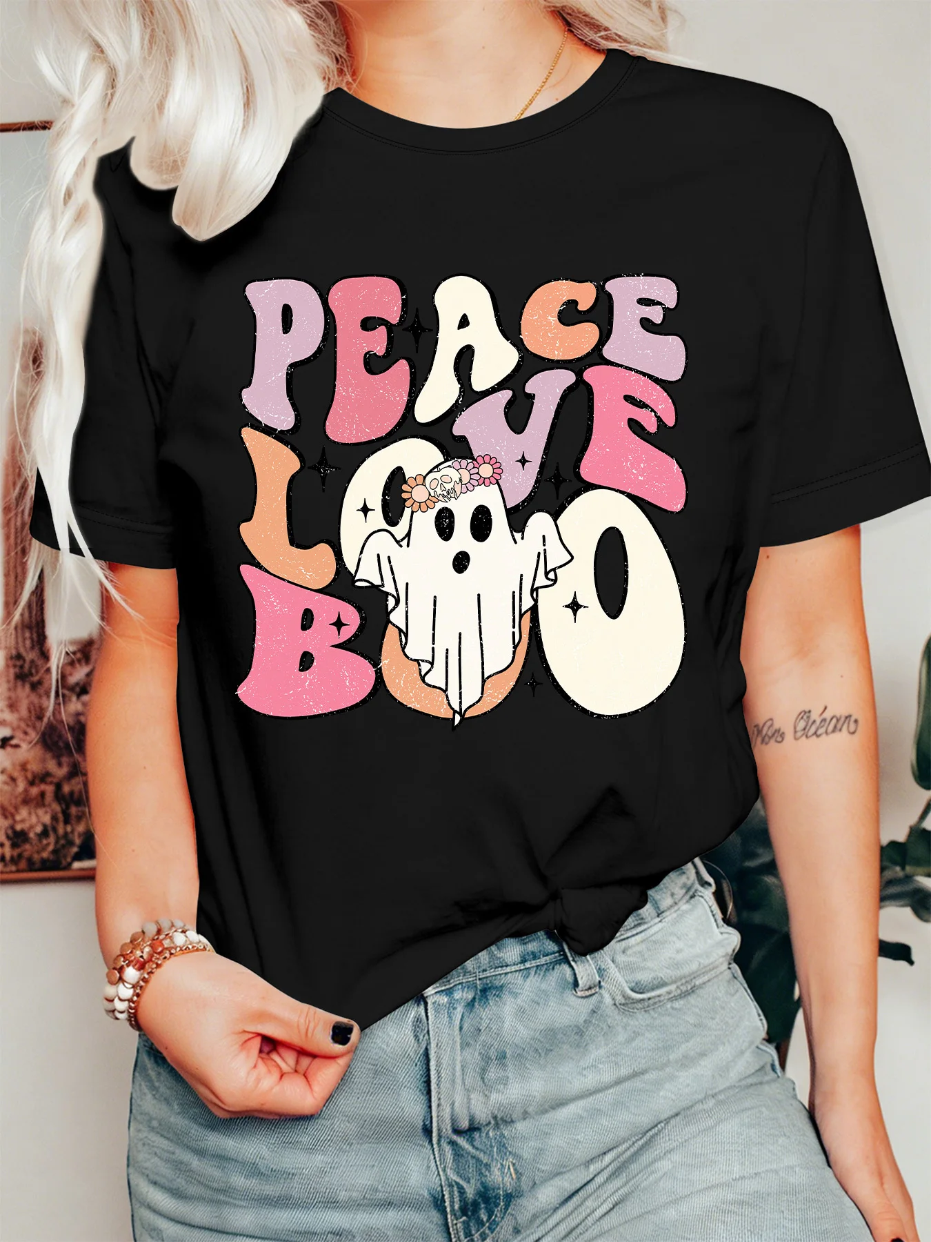 Groovy Ghost Womens T Shirt Peace Love Boo Retro Colorful Letter Floral Ghost Graphic Short Sleeve O Neck Casual Holiday Tops