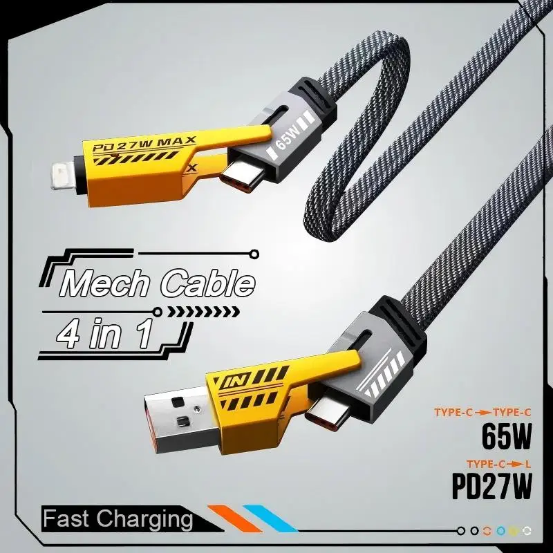 2PCS 4-in-1 Mecha Fast Charging Cable PD 27W USB Type C Multi-Port Data Cord forSamsung Xiaomi - 65W Charge Wire Line